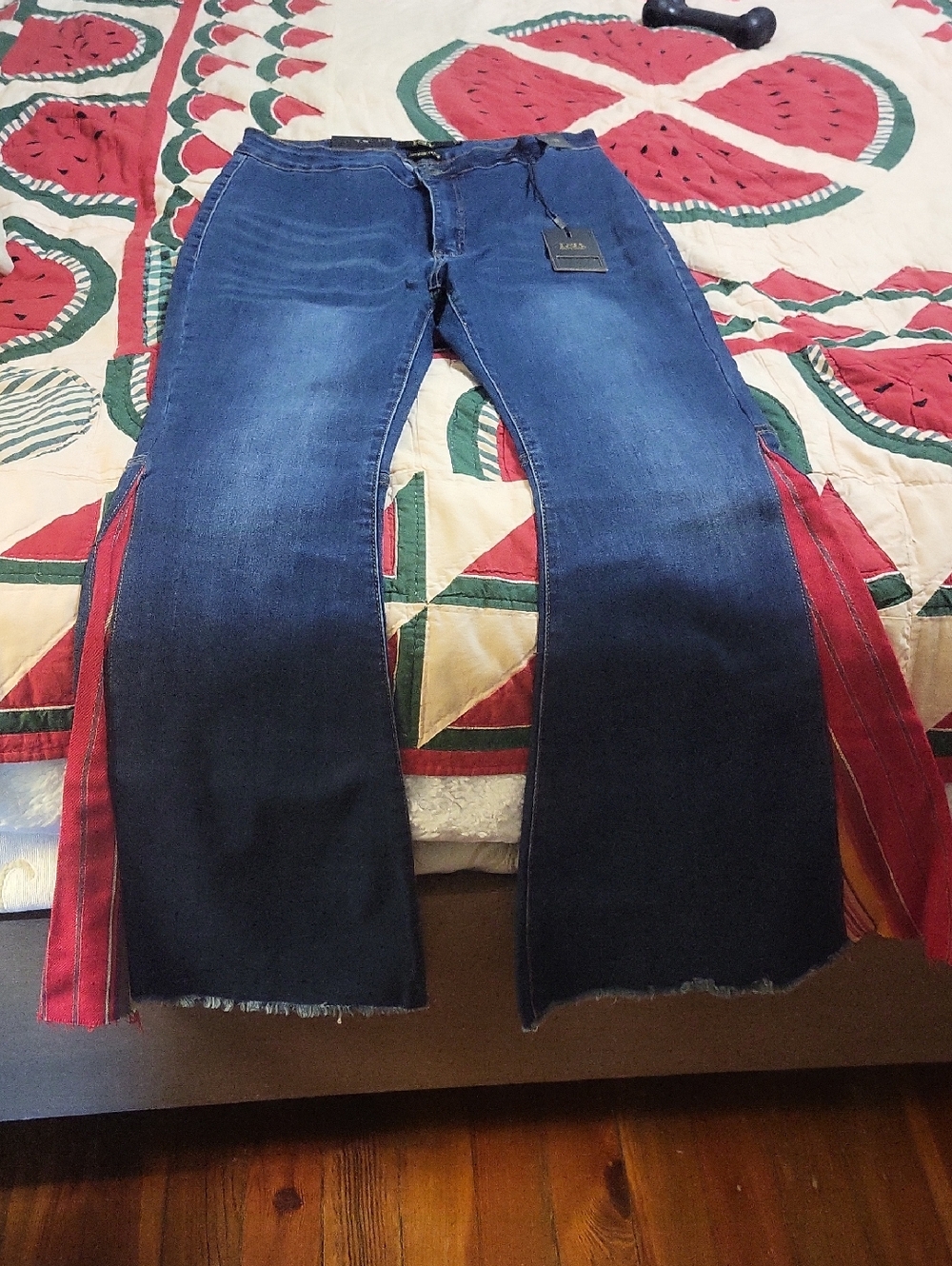 L&B Dark Blue Denim Wide-Leg Jeans with Red Side Panels